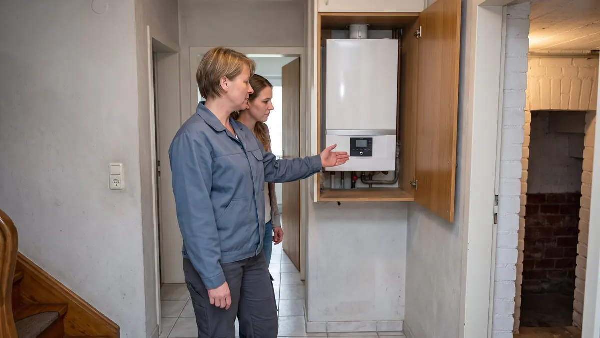 Heizungsfachkraft erklärt einer Hausbesitzerin die Anzeige ihrer Gastherme – Heizwissen für Zuhause und Verwaltung