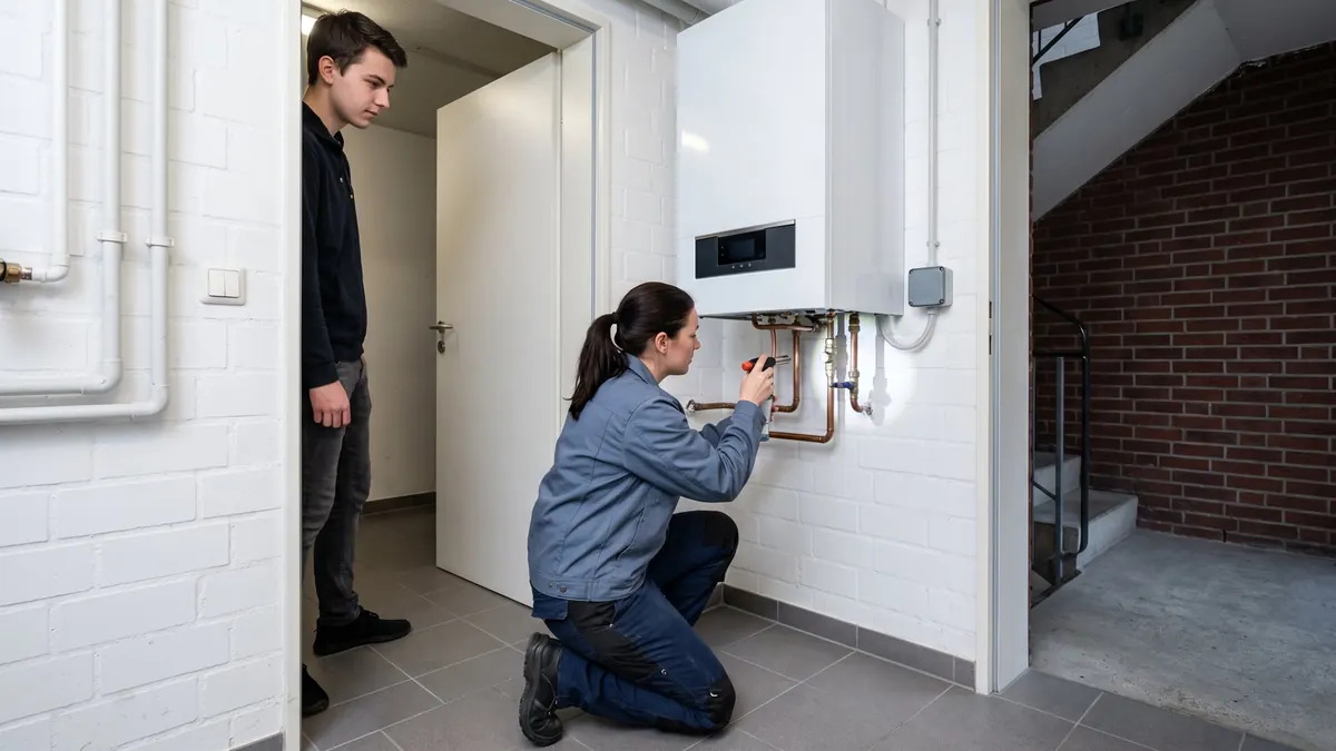 Heizungsfachkraft prüft die Anschlüsse unter einer wandhängenden Gastherme in einer Wohnung – Gasthermen in Düsseldorfer