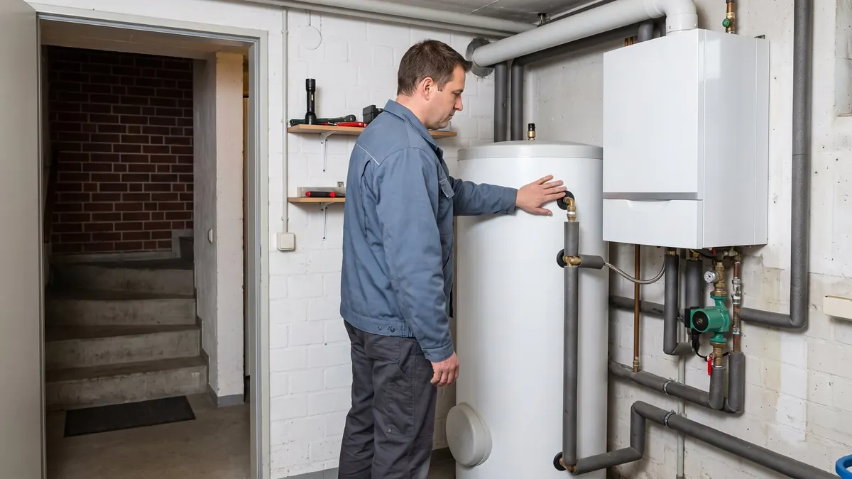 Heizungsfachkraft prüft am Warmwasserspeicher im Keller die Temperatur der Leitung – Kein Warmwasser – Ursachen und erste
