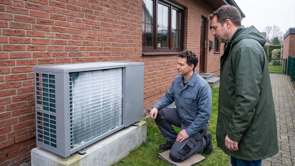 Heizungsfachkraft prüft das Außengerät einer Wärmepumpe an einem Klinkerhaus – Wärmepumpe Störung – Meldung notieren