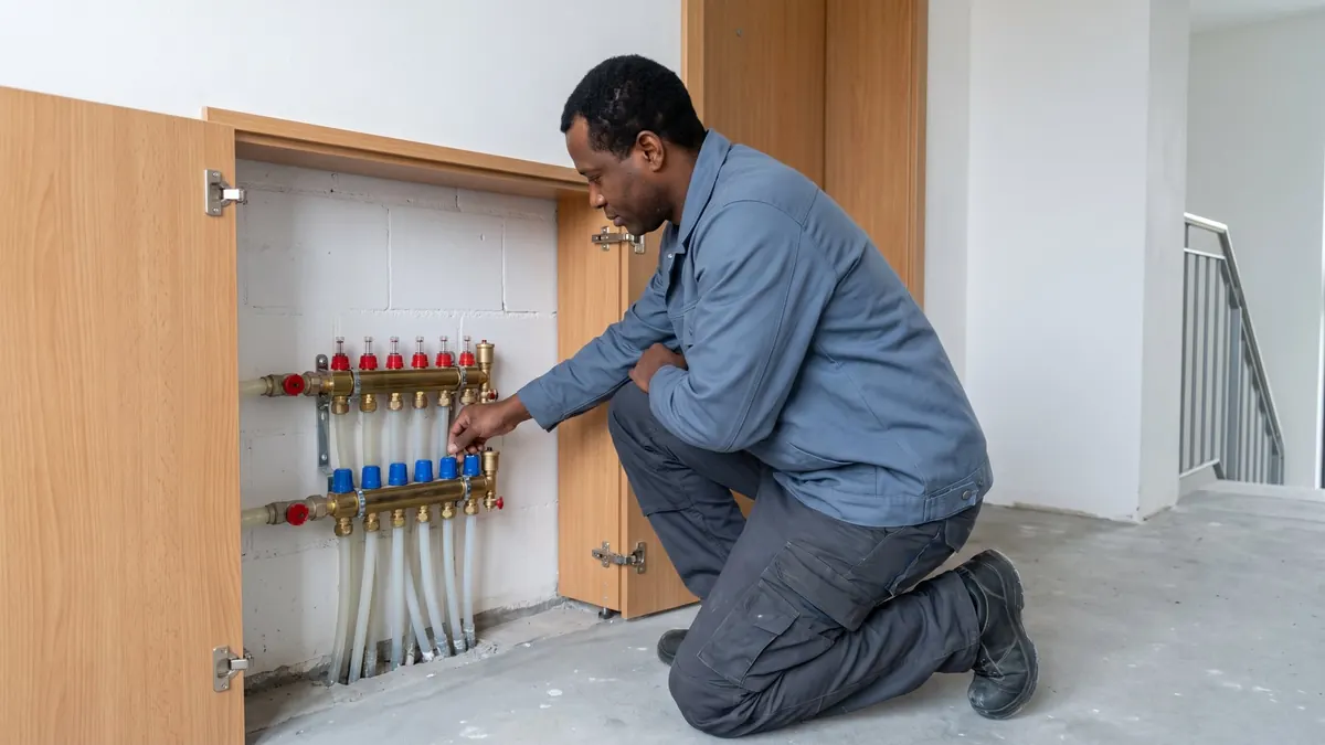 Heizungsfachkraft stellt am Heizkreisverteiler einer Fußbodenheizung ein Ventil ein – Gas und Wärmepumpe unter einem Dach