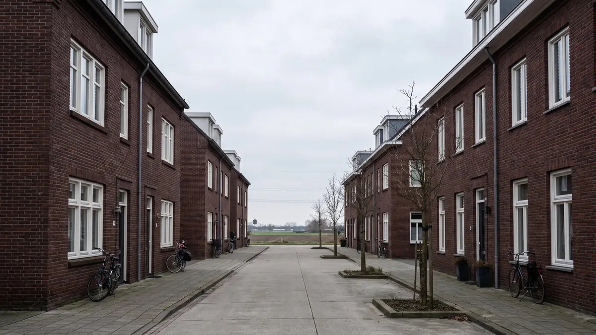 Straße mit Klinker-Mehrfamilienhäusern in einer Kleinstadt am Niederrhein – Rees am Rhein und seine Ortschaften