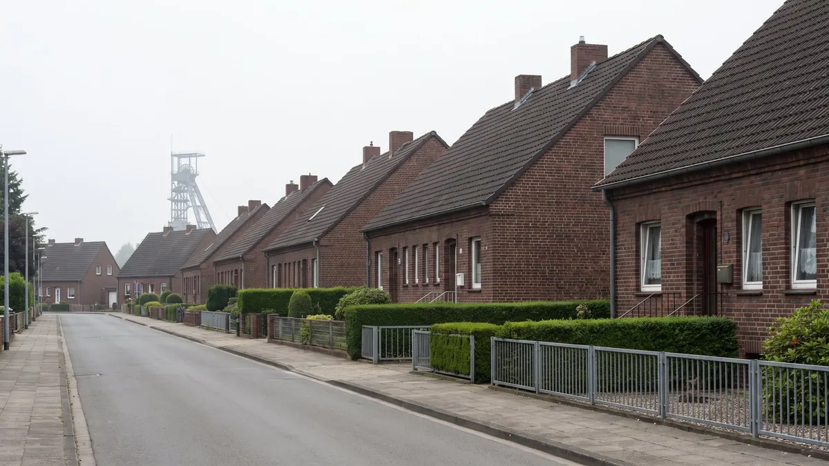 Siedlungsstraße mit Backstein-Doppelhäusern im westlichen Ruhrgebiet – Moers zwischen Rhein und Moränenhügeln