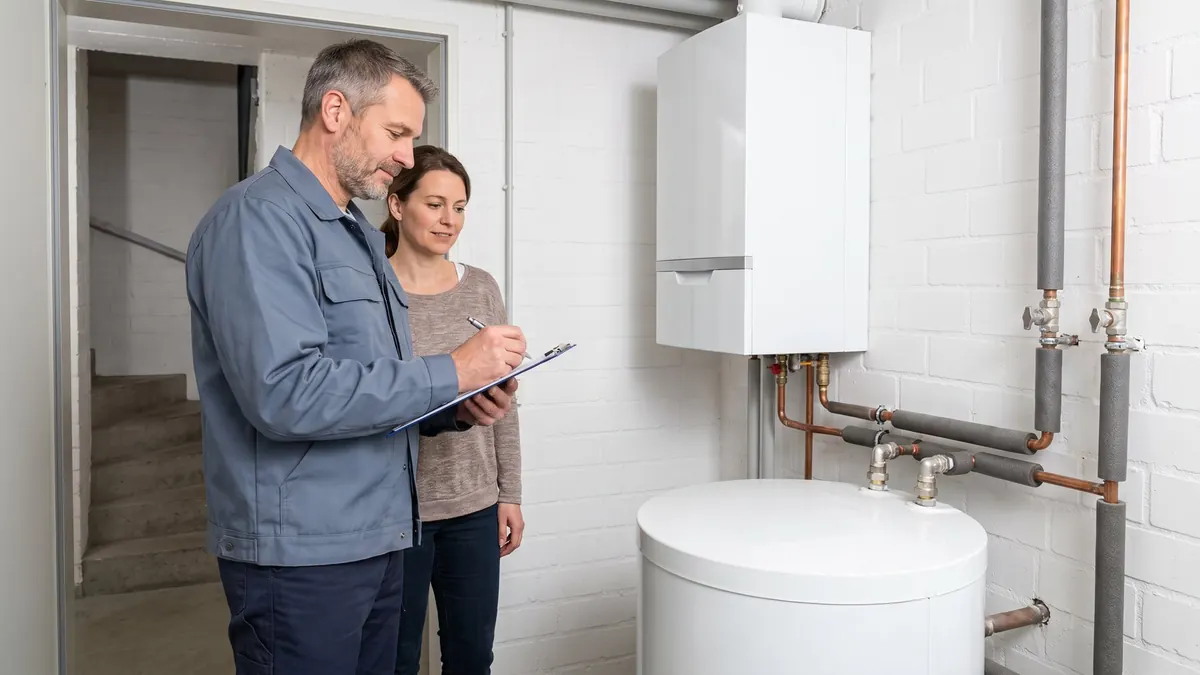 Heizungsfachkraft notiert am Gas-Brennwertkessel mit Warmwasserspeicher im Keller – Heizkostenverteiler und Stränge