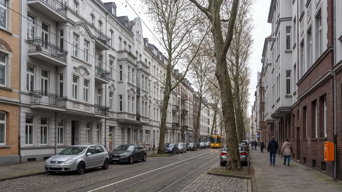 Straße mit Altbau-Mehrfamilienhäusern und Stuckfassaden in einer Großstadt am Rhein – Langenfeld zwischen Itterbach